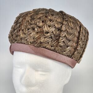 1960s Straw Raffia Halo Pillbox Hat Light Brown Ribbon Trim Dressy Women's Vtg
